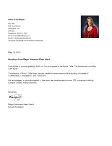 '图27:伯灵顿市(Burlington)市长玛丽安娜‧米德‧沃德(Marianne Meed Ward)发来的贺信'