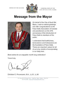 '图37:苏圣玛丽市(Sault Ste. Marie)市长克里斯蒂安‧普罗文萨诺(Christian C. Provenzano)发来的贺信'