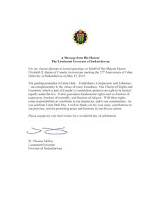 '图5:萨斯喀彻温省省督托马斯‧莫洛伊(Thomas Molloy)发来的贺信'