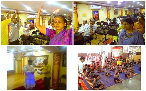 '图3:前三幅图是印度北部城市海德拉巴(Hyderabad)的法轮功学员们在免费教功 。右下图是孟买的法轮功学员在小学教功。'