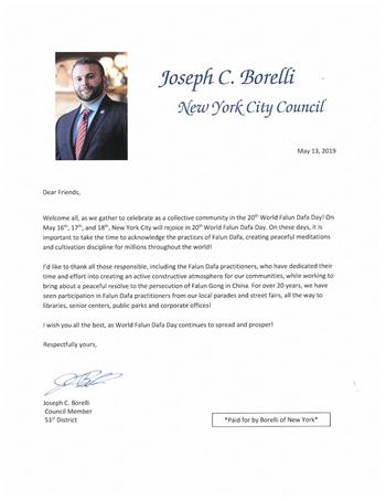 '图9:市议员约瑟夫·博雷利(Joseph C. Borelli)发贺信,鼓励更多人了解法轮大法。。'