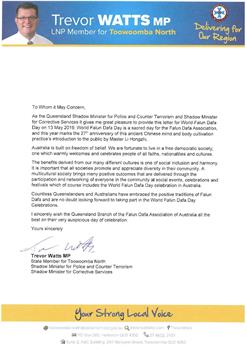 '图2:昆州图文巴北部(Toowoomba North)州议员特雷弗·瓦茨议员(Trevor Watts MP)给昆州法轮大法学会发来贺信'