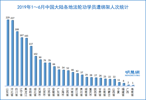 图3:2019年1~6月中国大陆各地法轮功学员遭绑架人次统计