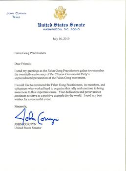 图2:联邦参议员约翰‧康尼恩(John Cornyn)的声援信