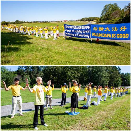 '图1:二零一九年七月二十日上午瑞典法轮功学员聚集在中共驻瑞典大使馆前,抗议中共自一九九九年七月二十日至今持续二十年的残酷迫害,揭露中共谎言,曝光中共活摘法轮功学员器官牟利的罪恶。'