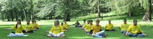 '图2:挪威法轮功学员七二零在位于奥斯陆市中心王宫边的王室公园展示法轮功的五套功法'