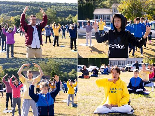 '图2:二零一九年九月七日上午,纽约上州橙县周边的中西方法轮功学员汇聚橙县(Orange County)草坪集体炼功。'