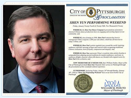 '图11:匹兹堡市长威廉·佩杜托(William Peduto)给神韵艺术团发来褒奖,欢迎和感谢神韵的到来。'