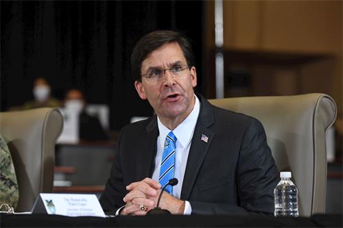 '图2:美国国防部长埃斯珀(Mark Esper)指出,解放军不是为中国服务,而是效命于中共。他敦促其它印太地区国家与美国一同对抗中共。'