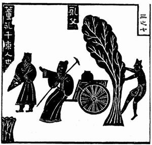 '董永辘车载父,出汉代武梁祠画像石,1821年冯云鹏《金石索》中的复原图。'