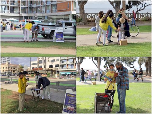 '图4:二零二零年十月以来,洛杉矶法轮功学员每个周日都会来到世界旅游景点圣莫妮卡海滩告诉民众中共的邪恶,了解真相后的民众纷纷签名支持解体中共。'