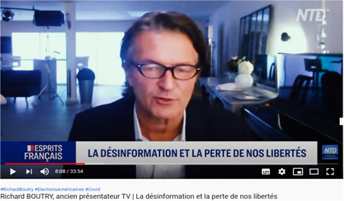 图:法国资深媒体人理查德·布特里(Richard BOUTRY)先生近日接受法国新唐人电视台的采访