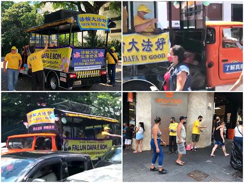 '图3:真相花车在市中心行驶,吸引过往车辆司机和行人的目光,有的司机主动问学员索要真相资料。也有的学员商场门口发真相资料。'