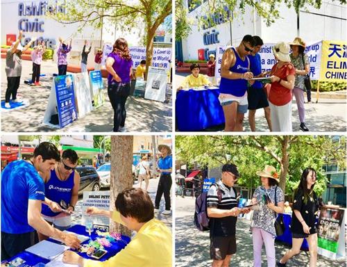 '图1:十一月十五日法轮功学员在悉尼艾士菲(Ashfield)市政厅前展横幅、讲真相。'