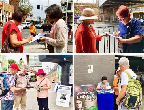 '图2~3:十一月二十二日法轮功学员在悉尼博霍德(Burwood)主街上展横幅、讲真相。'