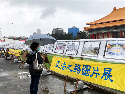 '图12:李小姐在“正法之路图片展”前仔细阅读法轮大法弘传世界的盛况。'