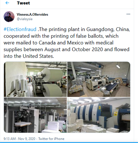 '图:伊启威在推特上公开的制造假选票中国工厂的照片。(网络截图)'