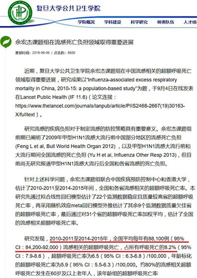 '图3:复旦大学公共卫生学院研究成果报告:全国每年流感超额(相关呼吸道疾病)死亡超过8.8万人'