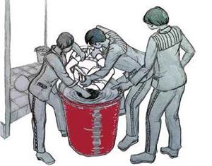 '中共酷刑示意图:溺水(把人头按进水桶里憋)'