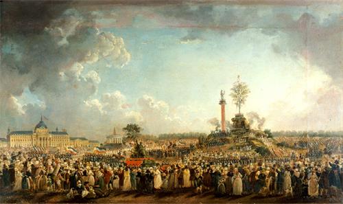 图例:油画《战神广场上的至上节》(Fête de l’Être suprême au Champ-de-Mars),作者:德玛希(Pierre-Antoine Demachy),作于1794年。
