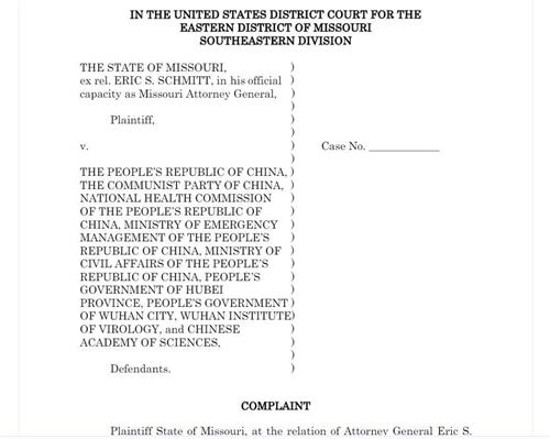 '图:美国密苏里州4月21日起诉中共,要求中共对疫情造成的损失进行赔偿。'