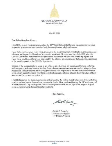 '图5:美国联邦众议员康纳利(Gerry Connolly)致信庆贺第二十八届世界法轮大法日。'