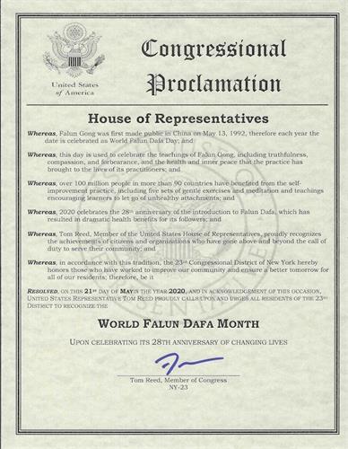 '图5:纽约第二十三选区国会议员汤姆斯·瑞德(Thomas W. Reed II)褒奖法轮大法日,祝贺大法洪传二十八周年。'
