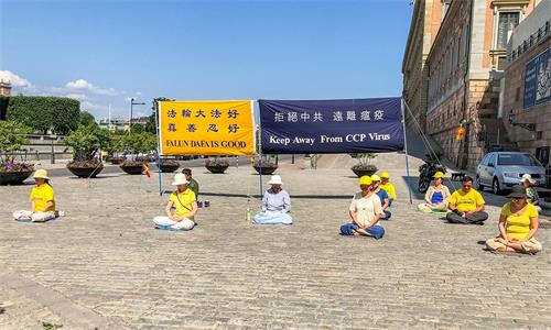 '图1:进入夏日以来瑞典法轮功学员在斯德哥尔摩市中心国会大厦旁的钱币广场成立了一个固定的讲真相点,他们每周二、周六都在这里举办讲真相活动。'
