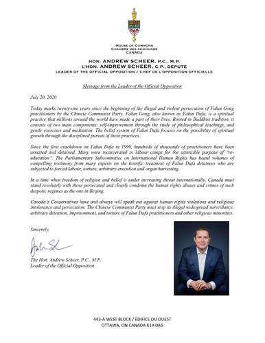 '图2:加拿大联邦反对党领袖熙尔(Andrew Scheer)给法轮大法学会的支持信'