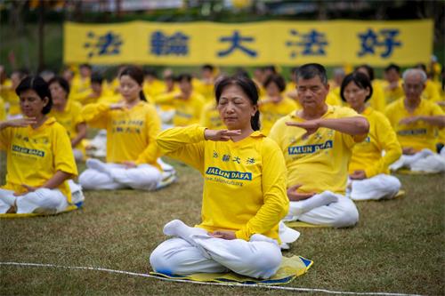 '图1~6:二零二零年七月十九日,法轮功学员于桃园市风禾公园草坪上集体炼功,展示祥和的功法。'