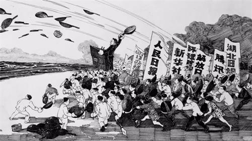 '图3:北京知名画家大车创作的漫画《甩锅》,讽刺中共掩盖疫情真相嫁祸海外(大车遭北京公安带走训诫)。'