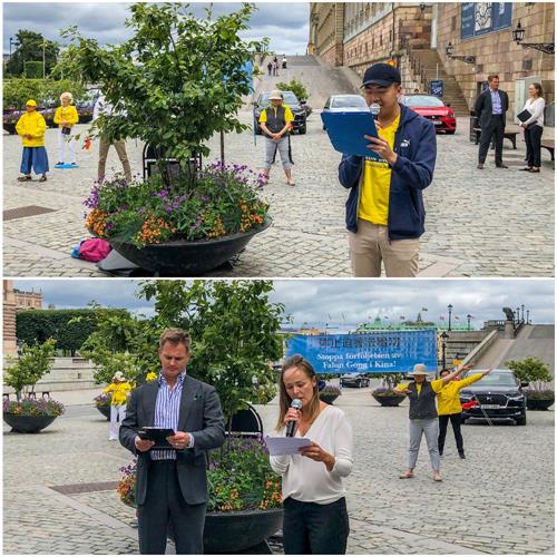 '图2:法轮功学员用瑞典语、英语向过往民众介绍功法,揭露中共迫害。'