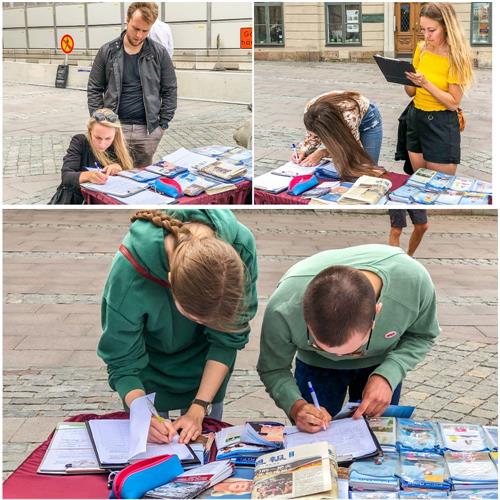 '图5:明白了真相的瑞典民众签名支持法轮功学员反迫害。'