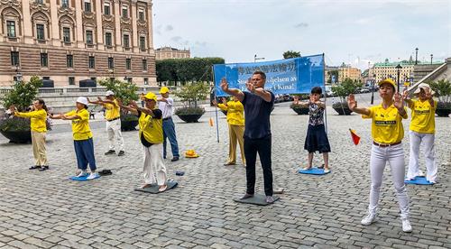 '图1:二零二零年八月二十一日、二十二日和二十五日,法轮功学员在斯德哥尔摩市中心国会大厦旁的钱币广场举办讲真相活动。图为法轮功学员在展示功法。'
