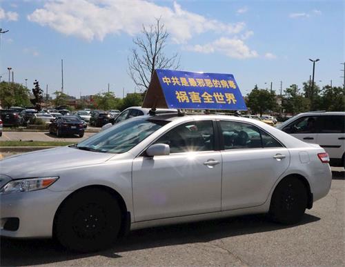 '图4~7:二零二零年八月八日上午,多伦多法轮功学员用汽车真相展板的形式举行了声援三退大潮的汽车游行。'