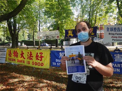 '图4:纪尧姆(Guillaume)说:中共政府活摘人体器官,用老百姓的命去赚钱,贩卖器官,那是一个什么样的政府才能做出这样的事情啊,就是一个魔鬼。'