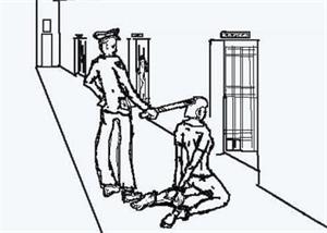 '中共酷刑示意图:“穿后刑”——将人双手背铐、双膝下跪、双脚戴脚镣,同时将手铐、脚镣用铁丝最短距离串起来'