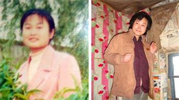 被迫害致疯前后的柳志梅。右图被摄于2010年,当有人试图接近她时,她就攥着双手躲向自家墙角。