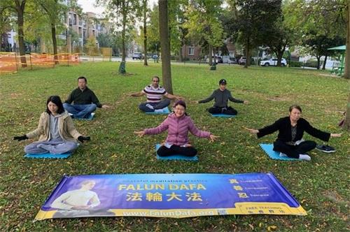 '图1:在北约克的亨顿公园(Hendon Park) 的日本女士提雅(左一)和先生Juno(后排左一)。'