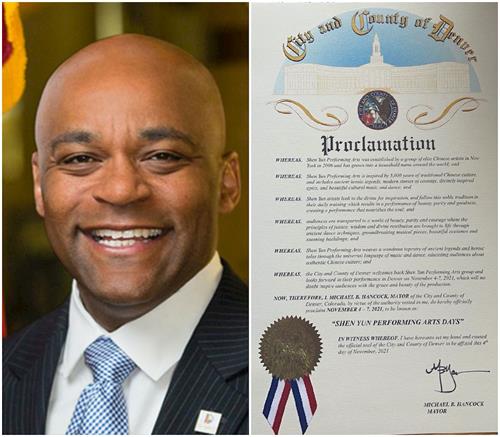 '图3:科罗拉多州丹佛市长迈克尔·汉考克先生(Michael B.Hancock,Mayor of Denver)发来褒奖信,并宣布二零二一年十一月四日至七日为“神韵日”。'
