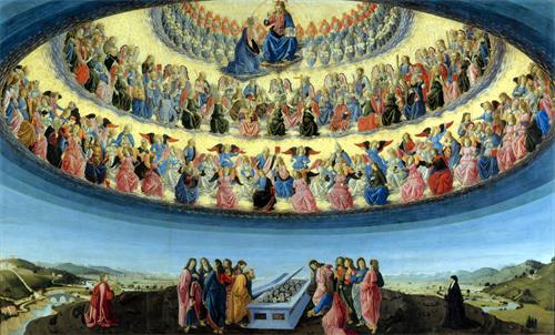 图例:佛罗伦萨画家波提契尼(Francesco Botticini)所绘的《圣母升天》(Assunzione della Vergine),木板坦培拉,228.6厘米×377.2厘米,作于1475年~1476年。