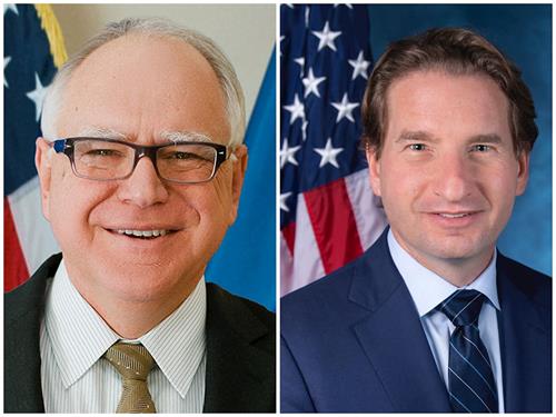 '图5:美国明尼苏达州州长蒂姆‧沃尔兹(Tim Walz,左)和联邦众议员迪恩‧菲利普斯(Dean Phillips)发贺信,热诚欢迎神韵再临明州。(明慧合成图)'