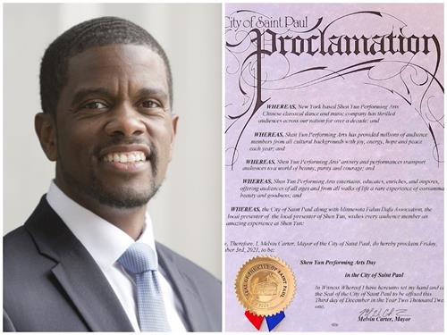 '图7:圣保罗市市长梅尔文‧卡特(Melvin Carter)也签发褒奖令,宣布二零二一年十二月三日为该市神韵演出日。(明慧合成图)'