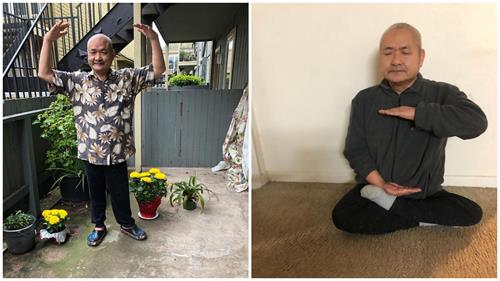图2:闯过生死后的阮童在学炼法轮功的第二套功法(左)和第五套功法-打坐(右)