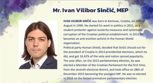 '图1:欧洲议会议员辛奇克(Ivan ViliborSinčić)在发言中表示,中共最严重的人权犯罪是活摘器官,而主要的受害者是法轮功学员。他建议世界各国对活摘器官采取强硬态度进行谴责和制裁。(视频截图)'
