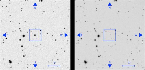 '旧拍摄档案(左)的恒星在新拍摄档案(右)中消失(Image credit:Villarroel et al. (2019))'