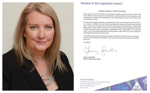 '图9:南澳州立法会议员、绿党议会领袖弗兰克斯(Tammy Franks MP)的贺信。'
