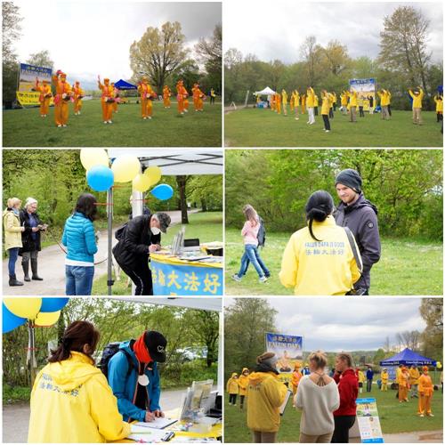 '图1:二零二一年五月十三日,法轮功学员在德国慕尼黑附近斯坦伯格湖畔(Starnberger See)举办欢庆世界法轮大法日暨恭祝师尊七十华诞的活动,吸引了不少民众的目光。'