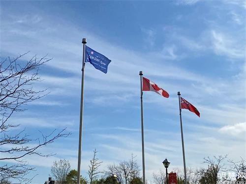 '图2~3:一面面印有“世界法轮大法日(FALUN DAFA DAY)真善忍(Truthfulness, Compassion,Tolerance)”的旗帜相继在加拿大的十个城市升起'