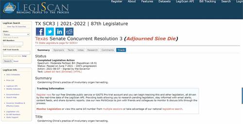 '图1:美国德州州长签署决议案SCR3,谴责中共活摘器官。'